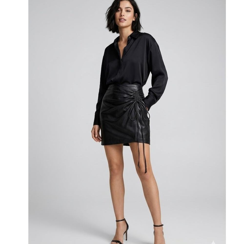 Nanushka Black Ruched Vegan Leather Mini Skirt Edgy Minimalist Capsule Medium